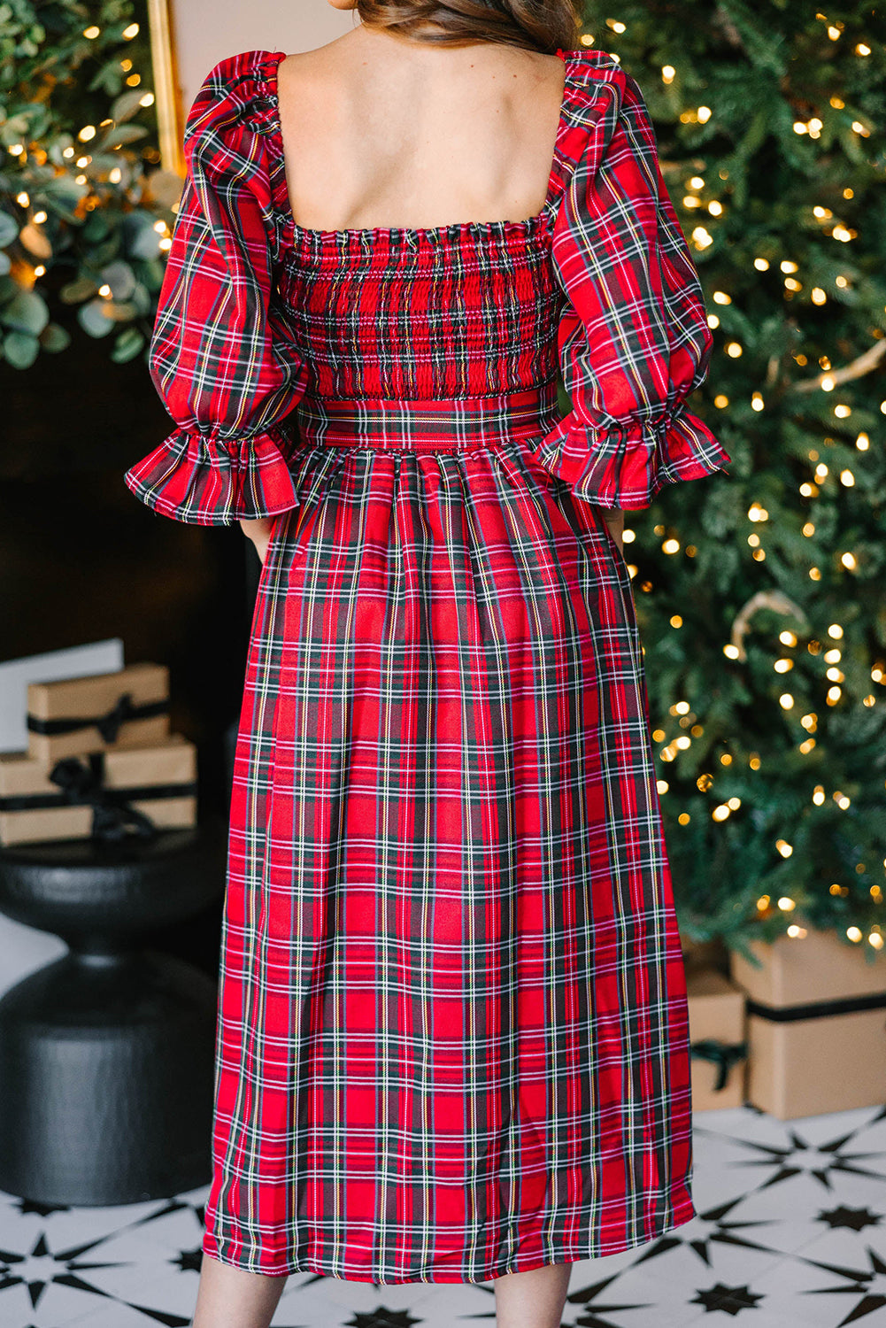 Christmas Plaid Flared Midi Dress