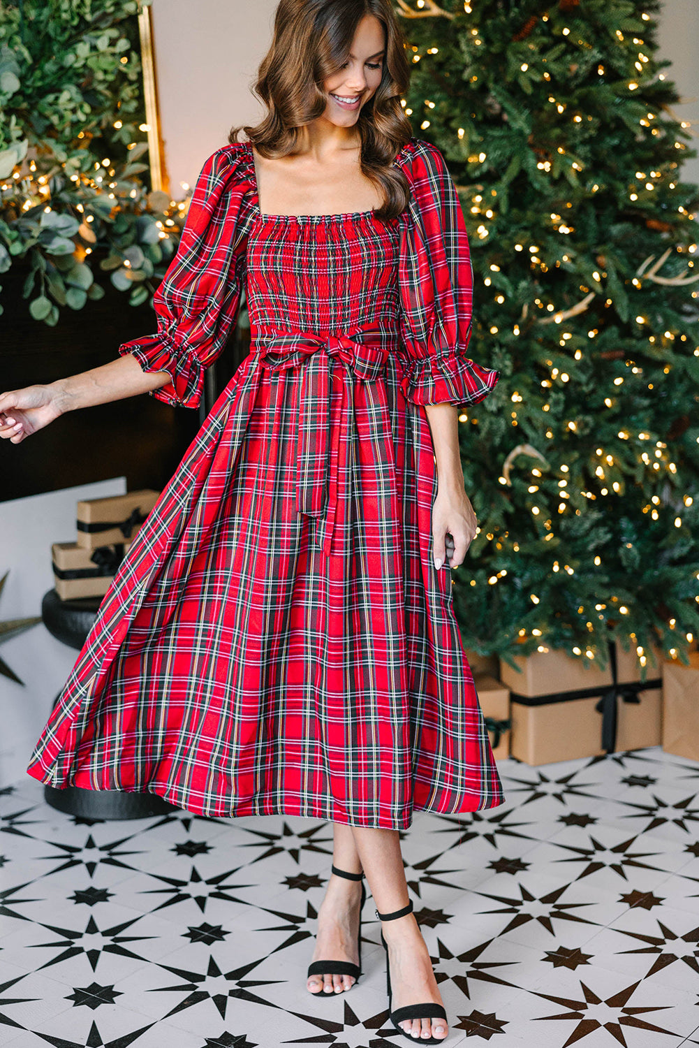 Christmas Plaid Flared Midi Dress