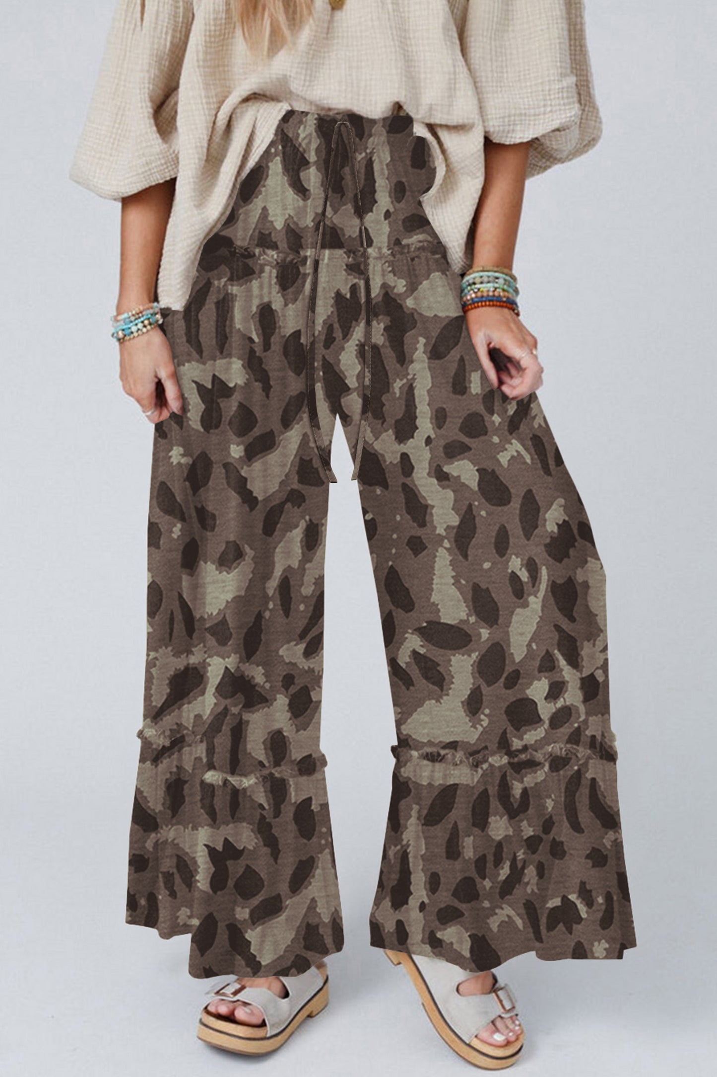 Camo Print Wide Leg Casual Pants