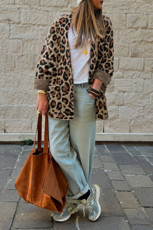 Brown Leopard Open Front Cardigan