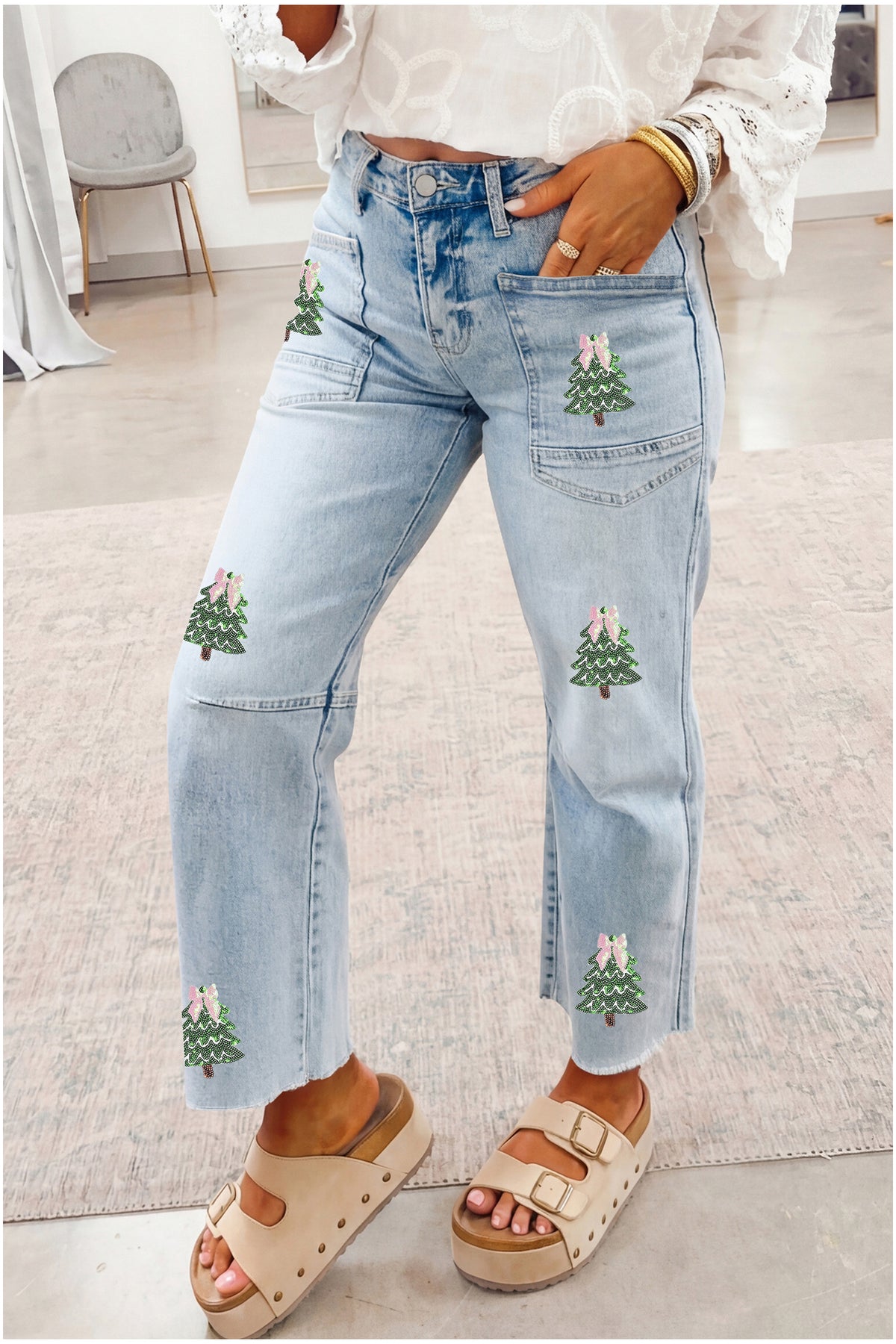 Sequin Christmas Tree Ankle Jeans