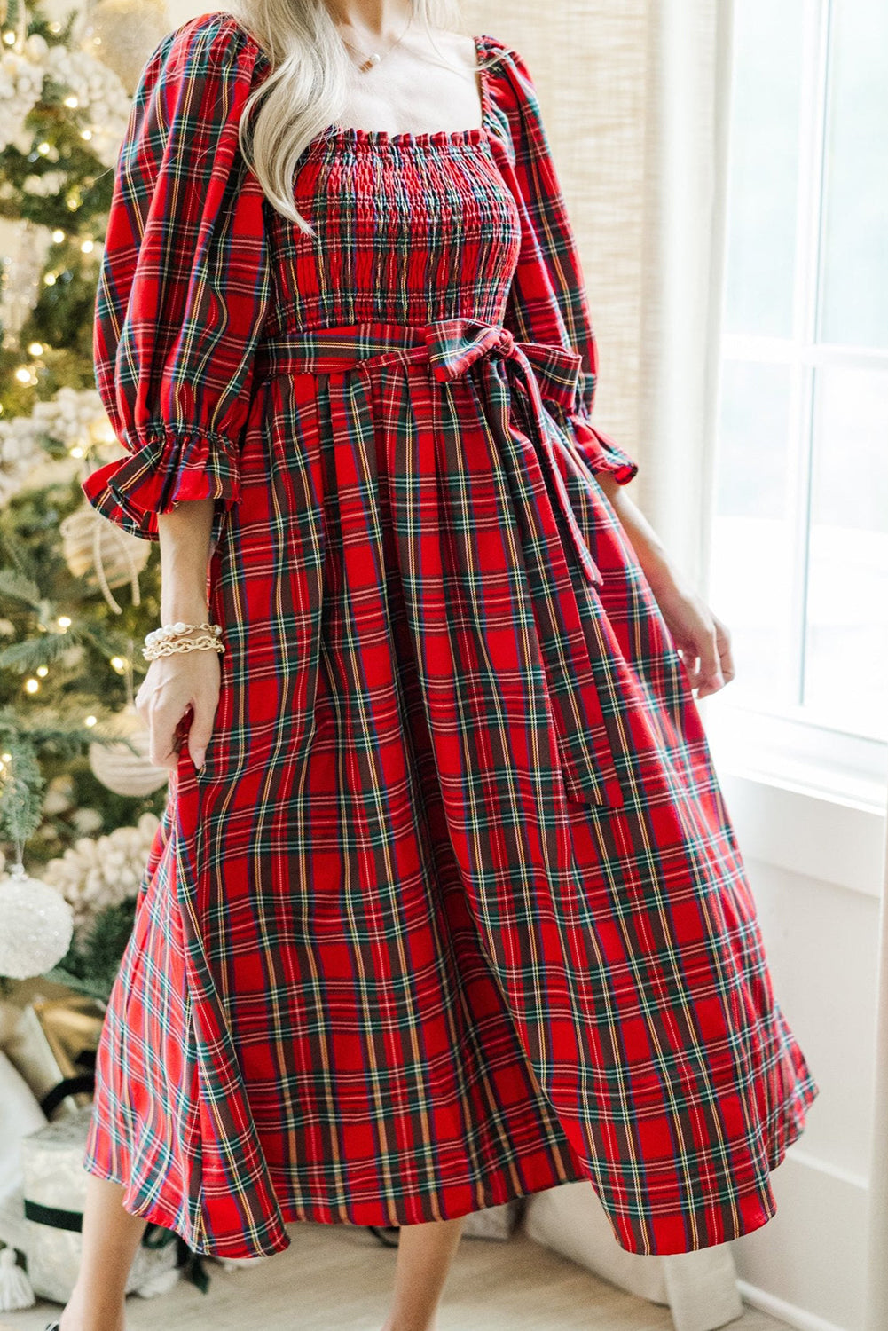 Christmas Plaid Flared Midi Dress