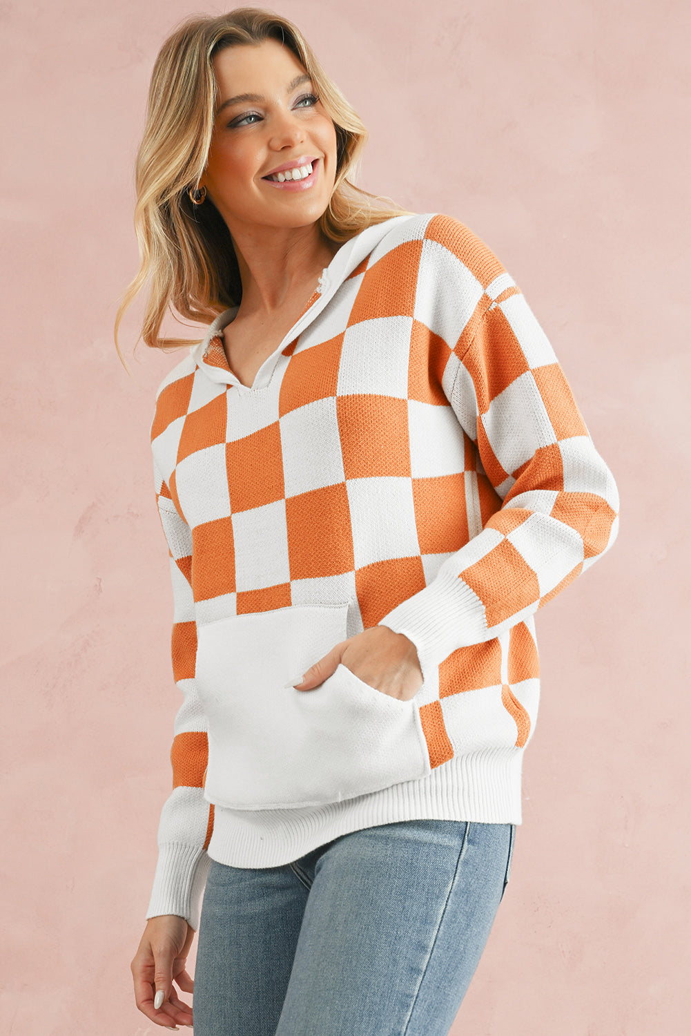 Orange Checkered Split Neck Pocket Hooded Sweater