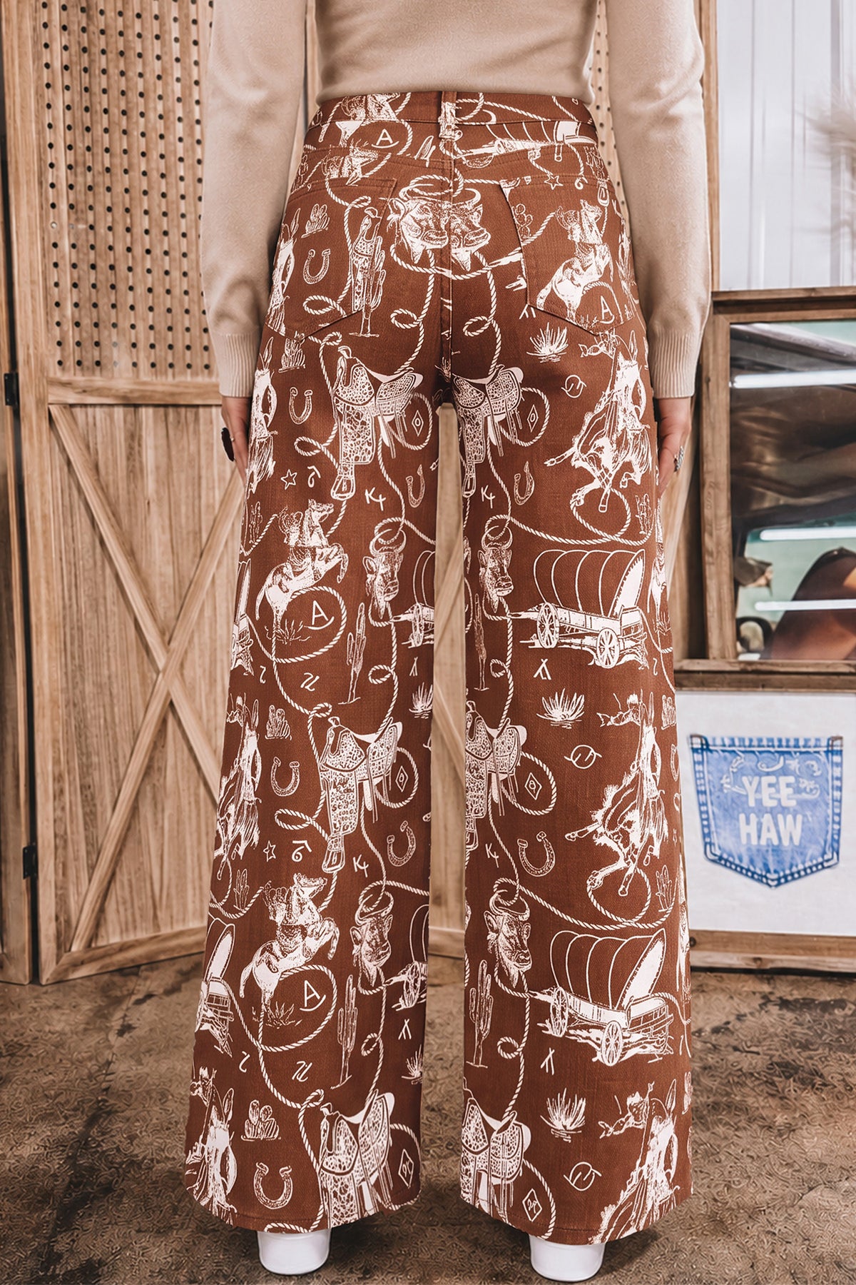 Brown Western Print Jeans