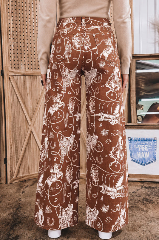 Brown Western Print Jeans