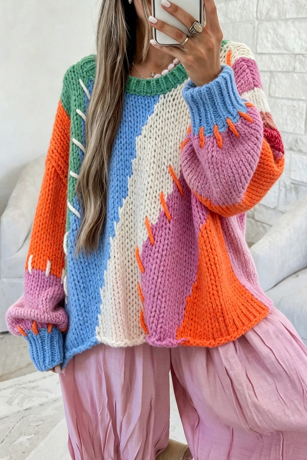 Patchwork Knit Stitched Oversized Sweater