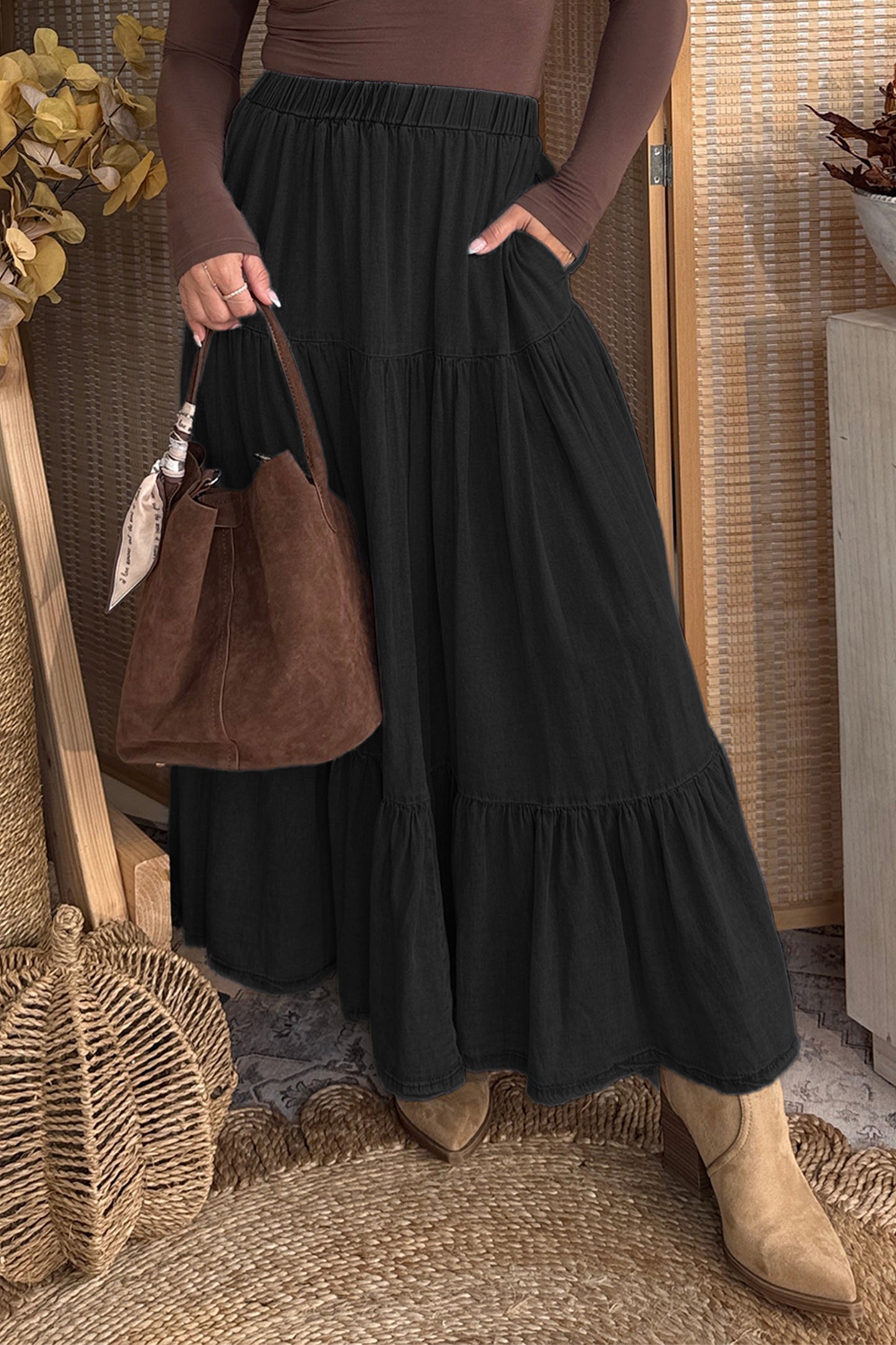 Tiered Flared Denim Maxi Skirt