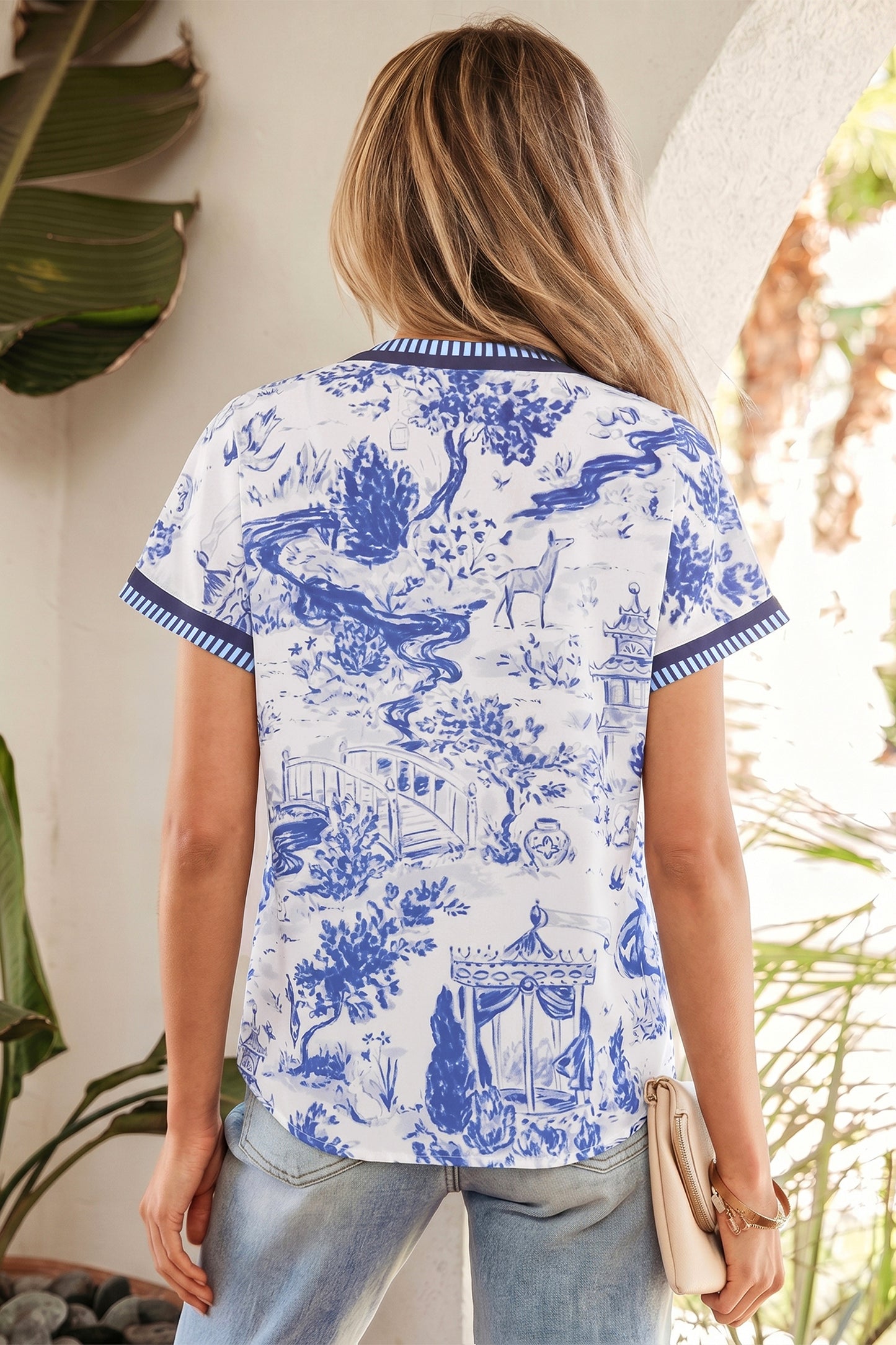 Blue Toile V-Neck Blouse