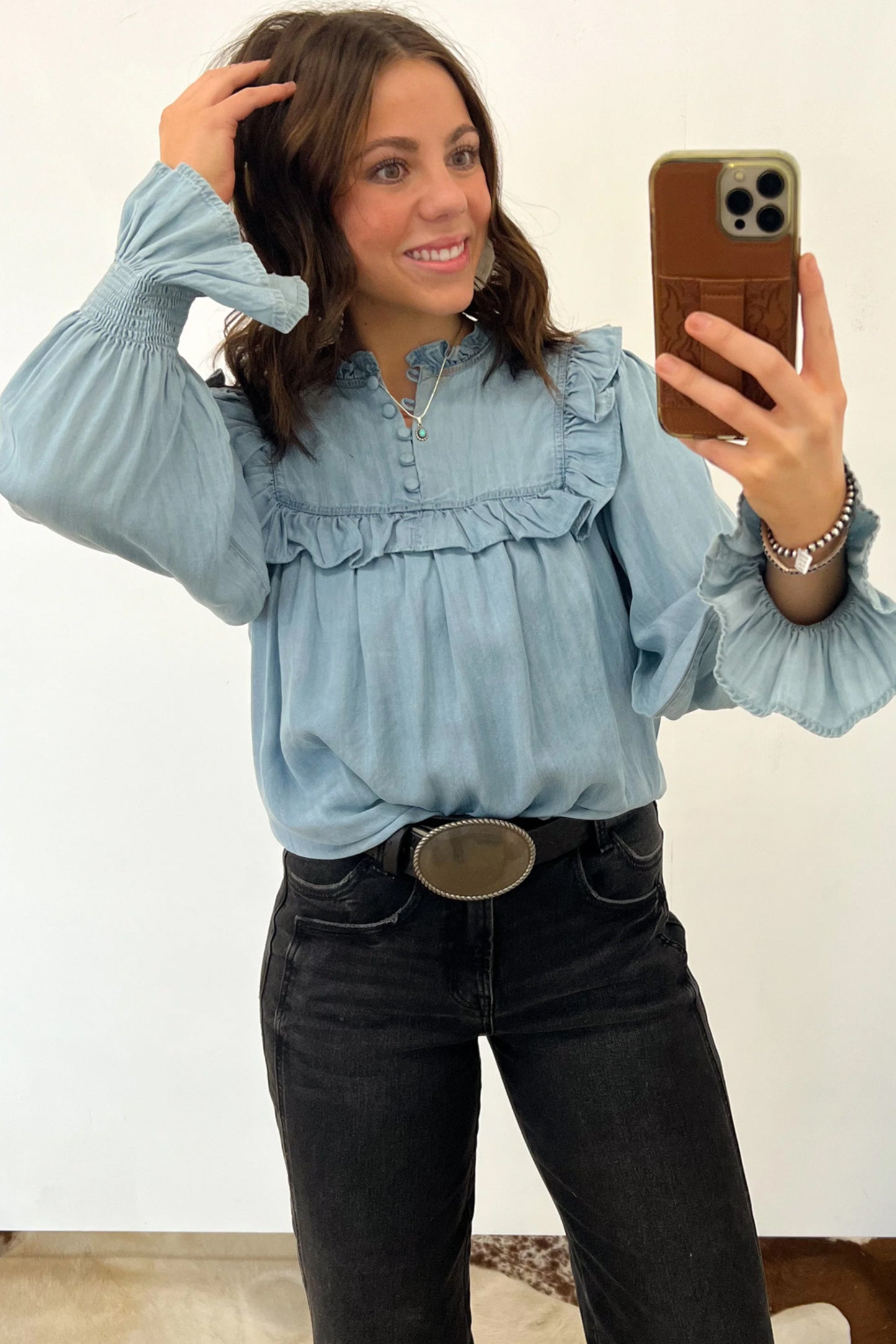 Western Ruffle Chambray Blouse