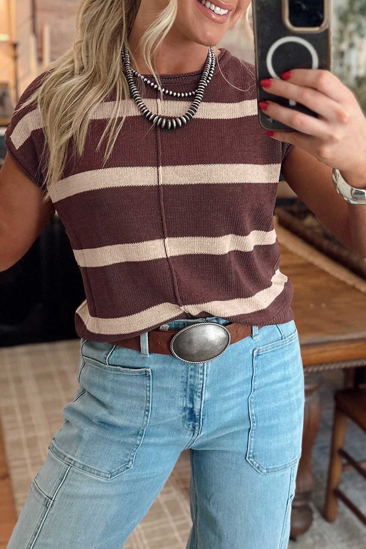 Western Stripe Short Sleeve Sweater