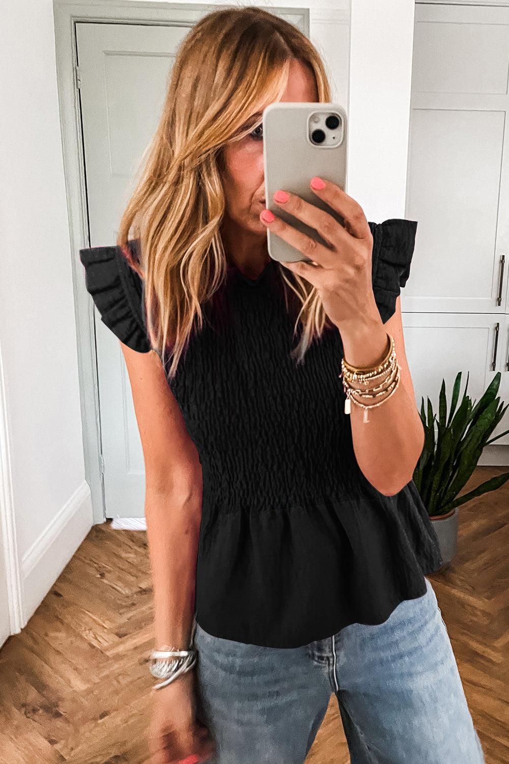 Black Ruffle Short Sleeve Shirred Top
