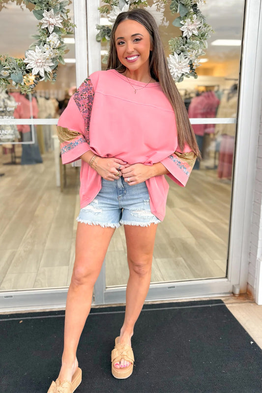 Pink Floral Patchwork Sleeve Top