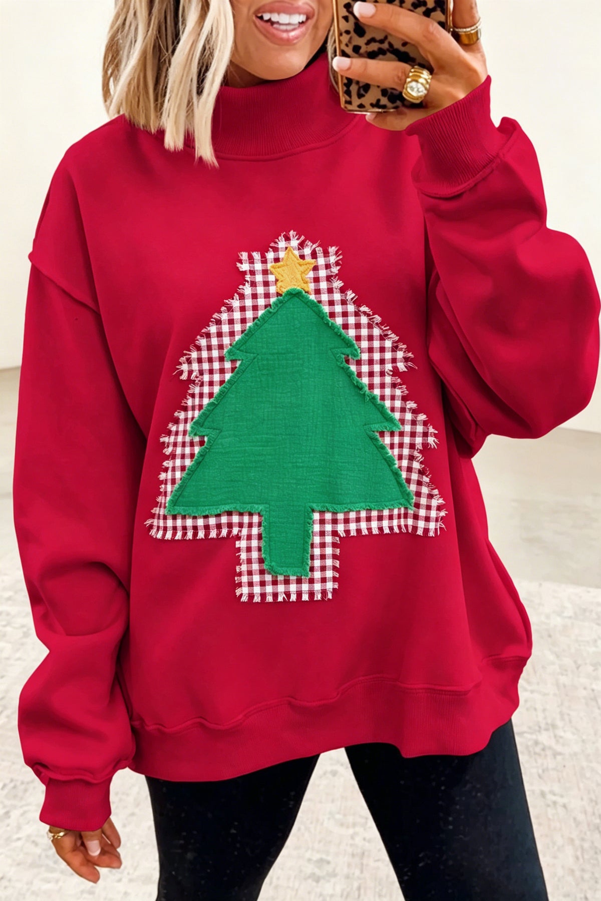Women's Christmas tree applique sweatshirt with frayed gingham detail and mock neck