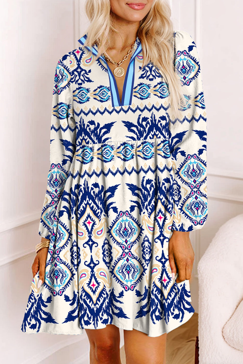Blue Print Pop of Color Long Sleeve Dress