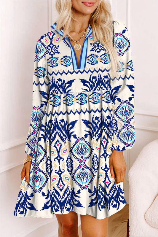 Blue Print Pop of Color Long Sleeve Dress