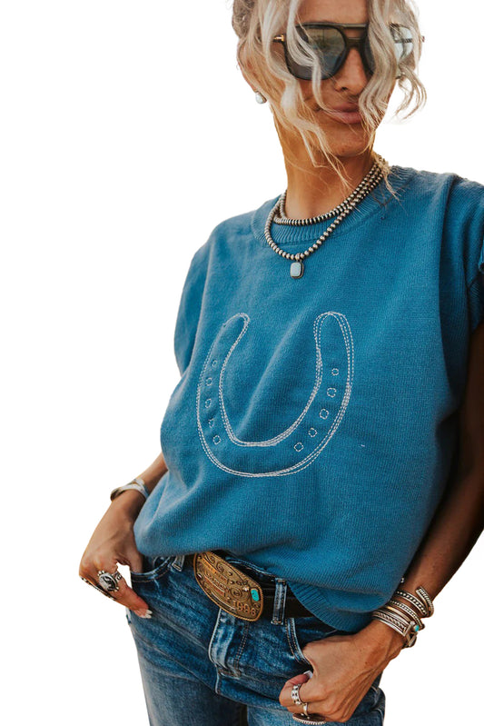 Horseshoe Embroidered Short Sleeve Sweater