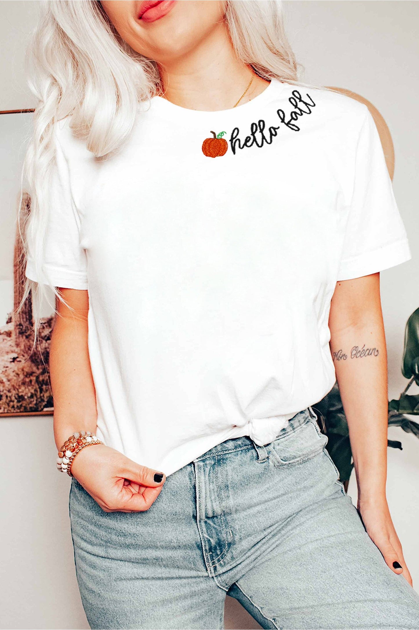 hello fall Embroidered Tee