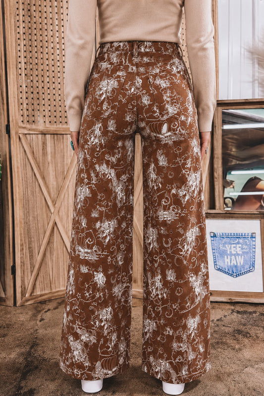 Brown Western Print Jeans