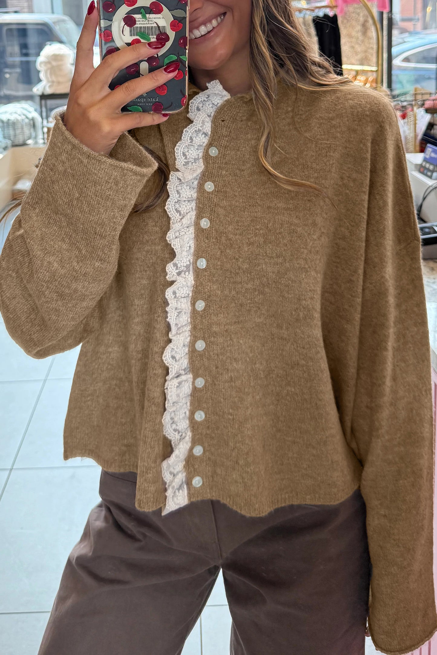 Taupe Lace Trim Cardigan