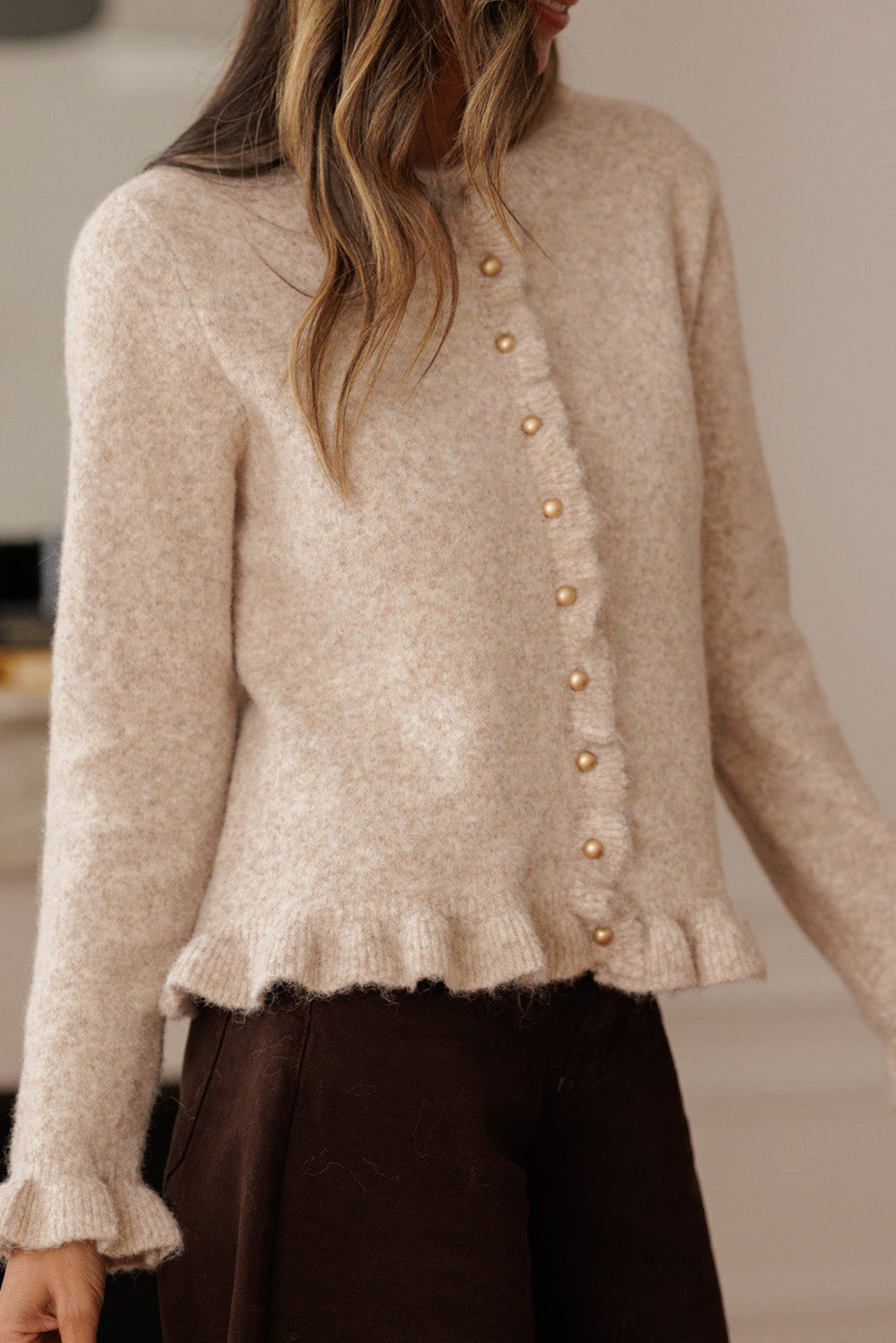 Oatmeal Ruffle Trim Cardigan