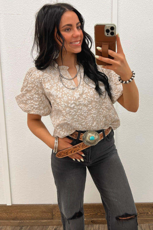 Textured Jacquard Puff Sleeve Blouse