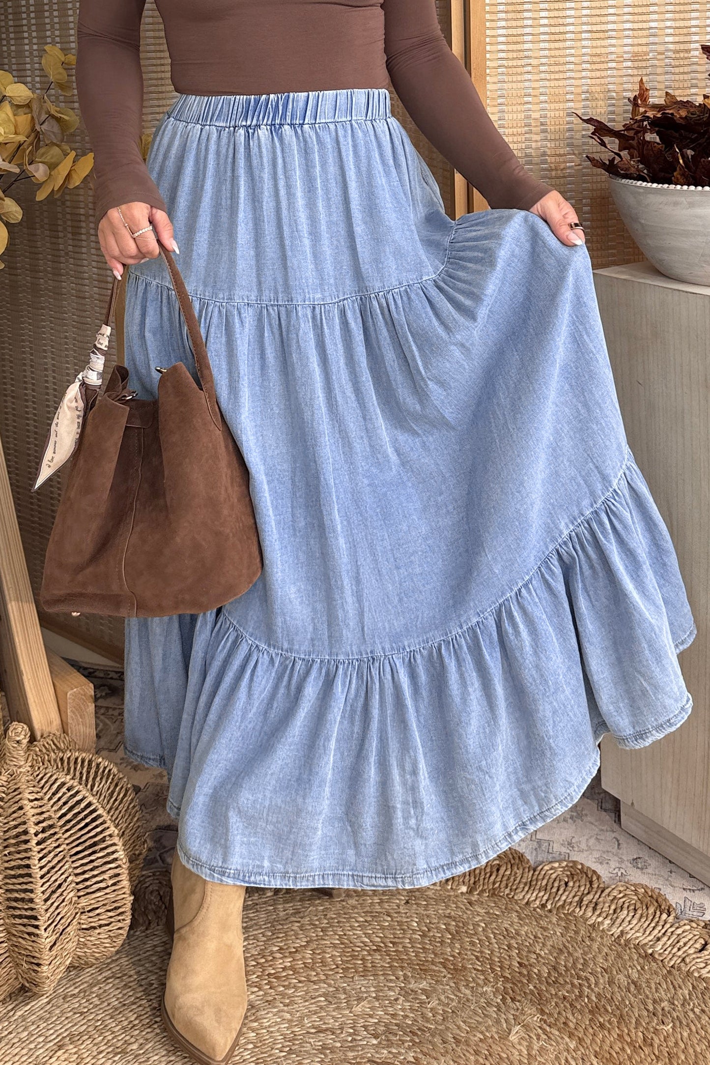 Tiered Flared Denim Maxi Skirt