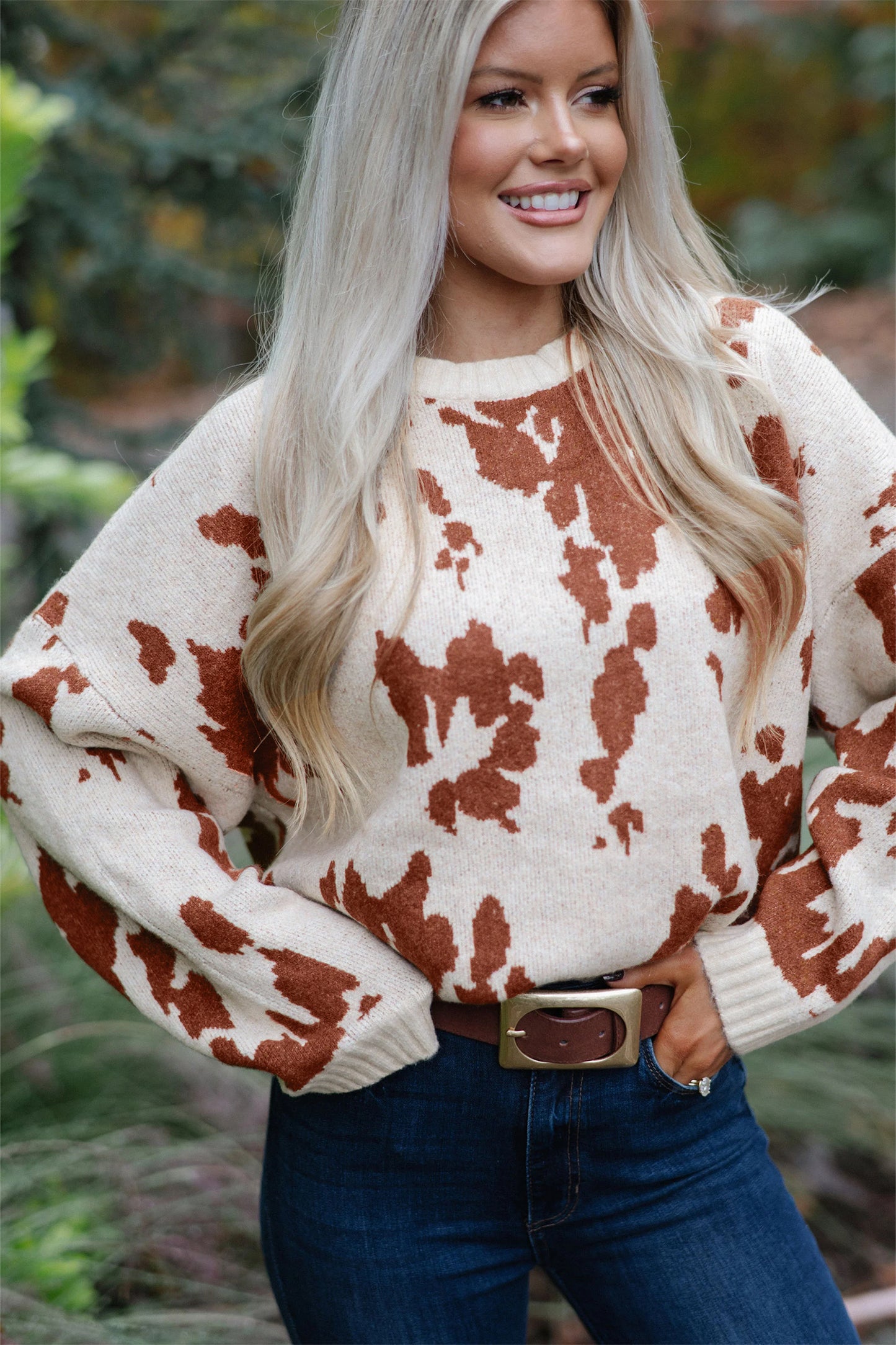 Khaki Cow Print Neck Sweater