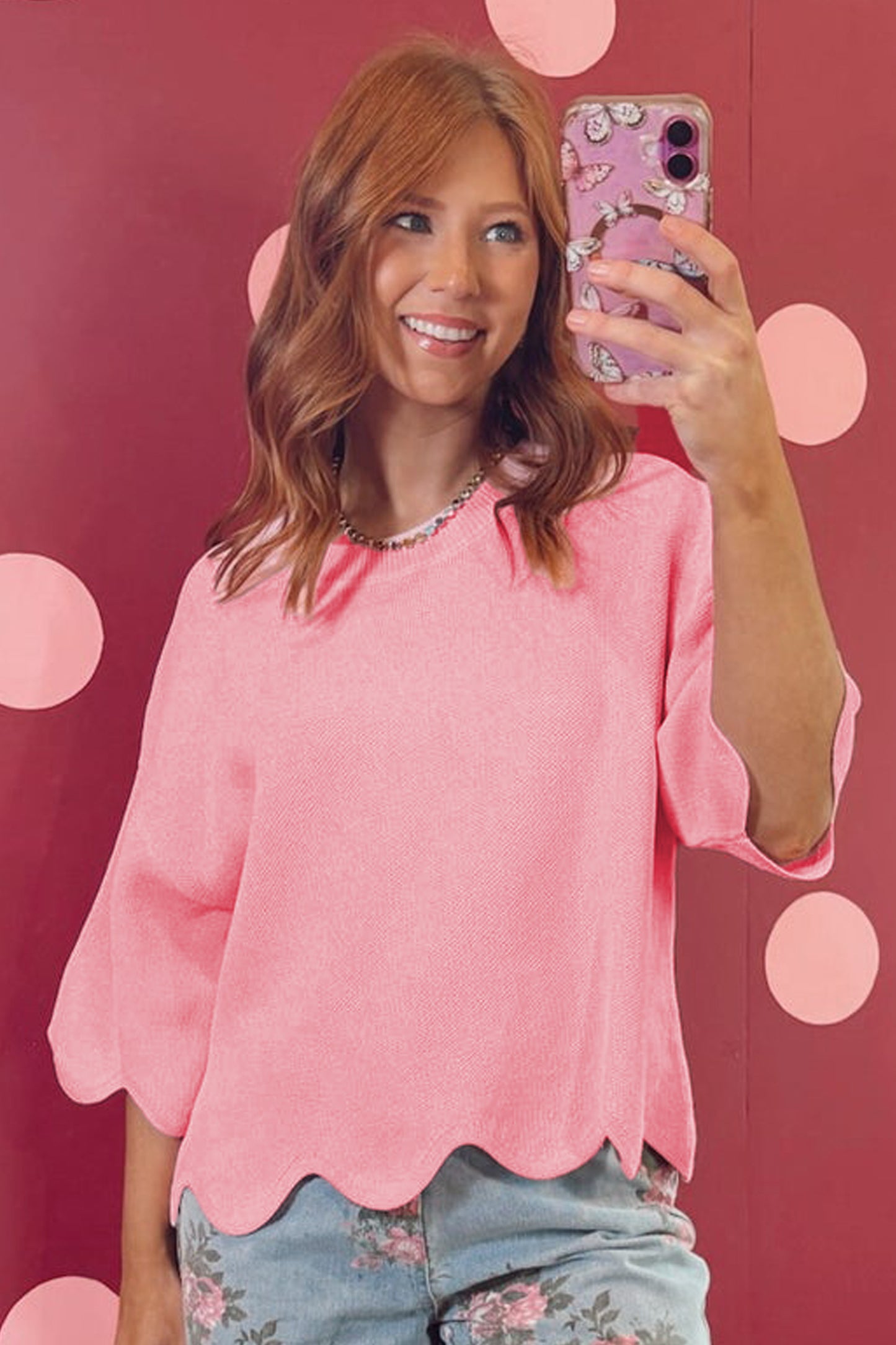 Scalloped 3/4 Sleeve Sweater Top