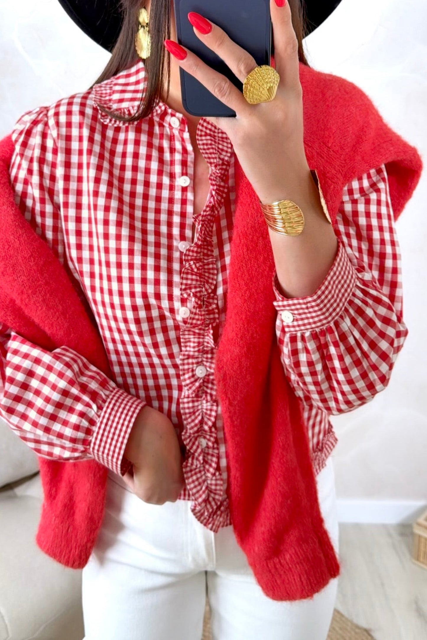 Red Gingham Frilled Blouse
