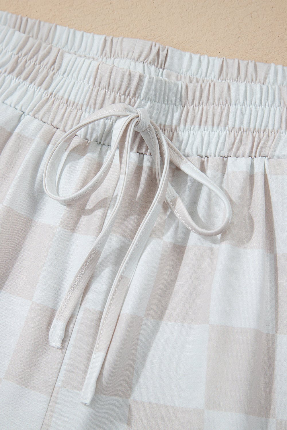 Beige Checkered  Drawstring Shorts Pajama Set