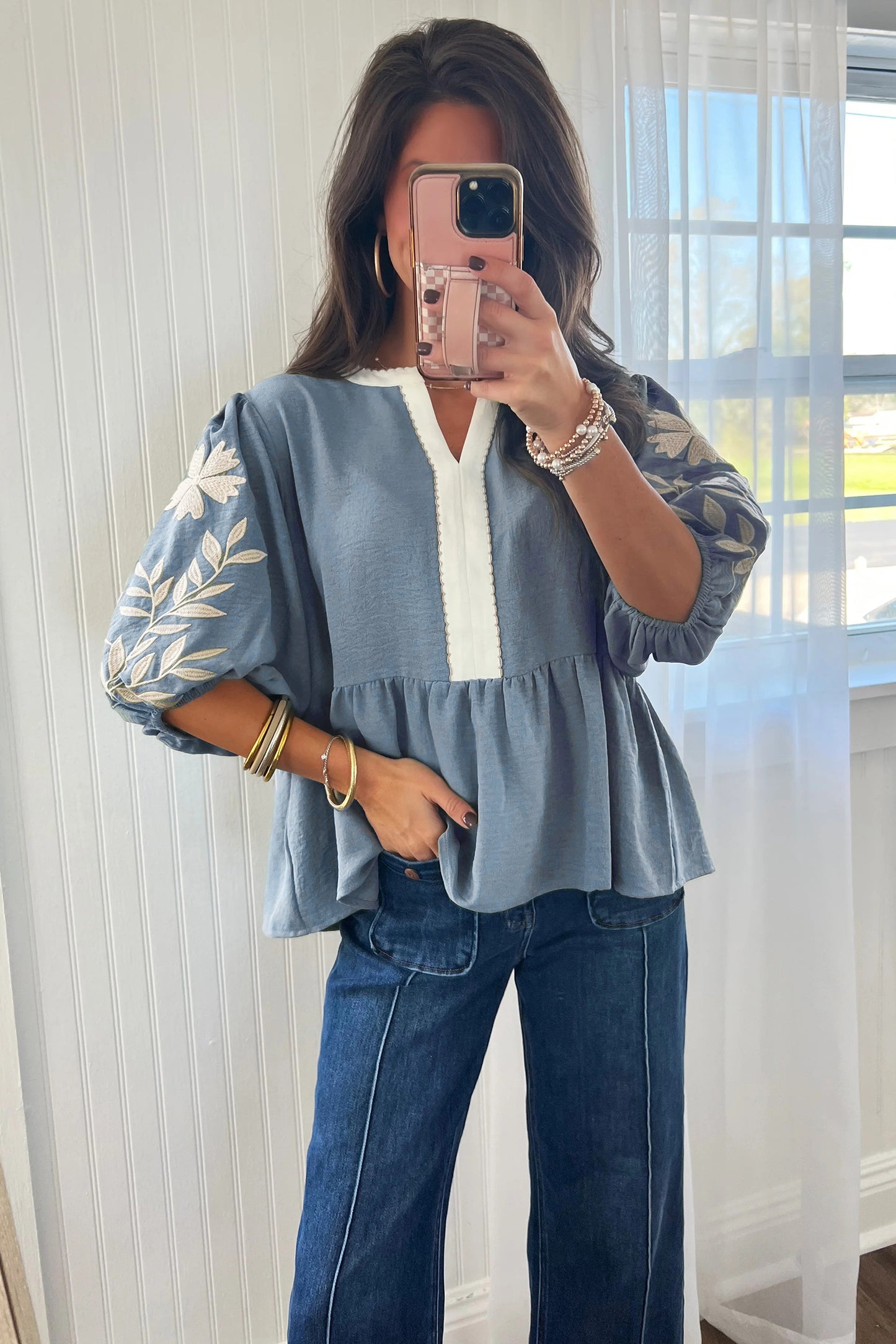Embroidered Puff Sleeve Blouse