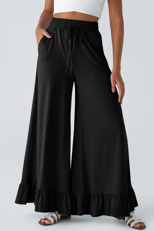 Black Ruffle Hem Wide Leg Pants