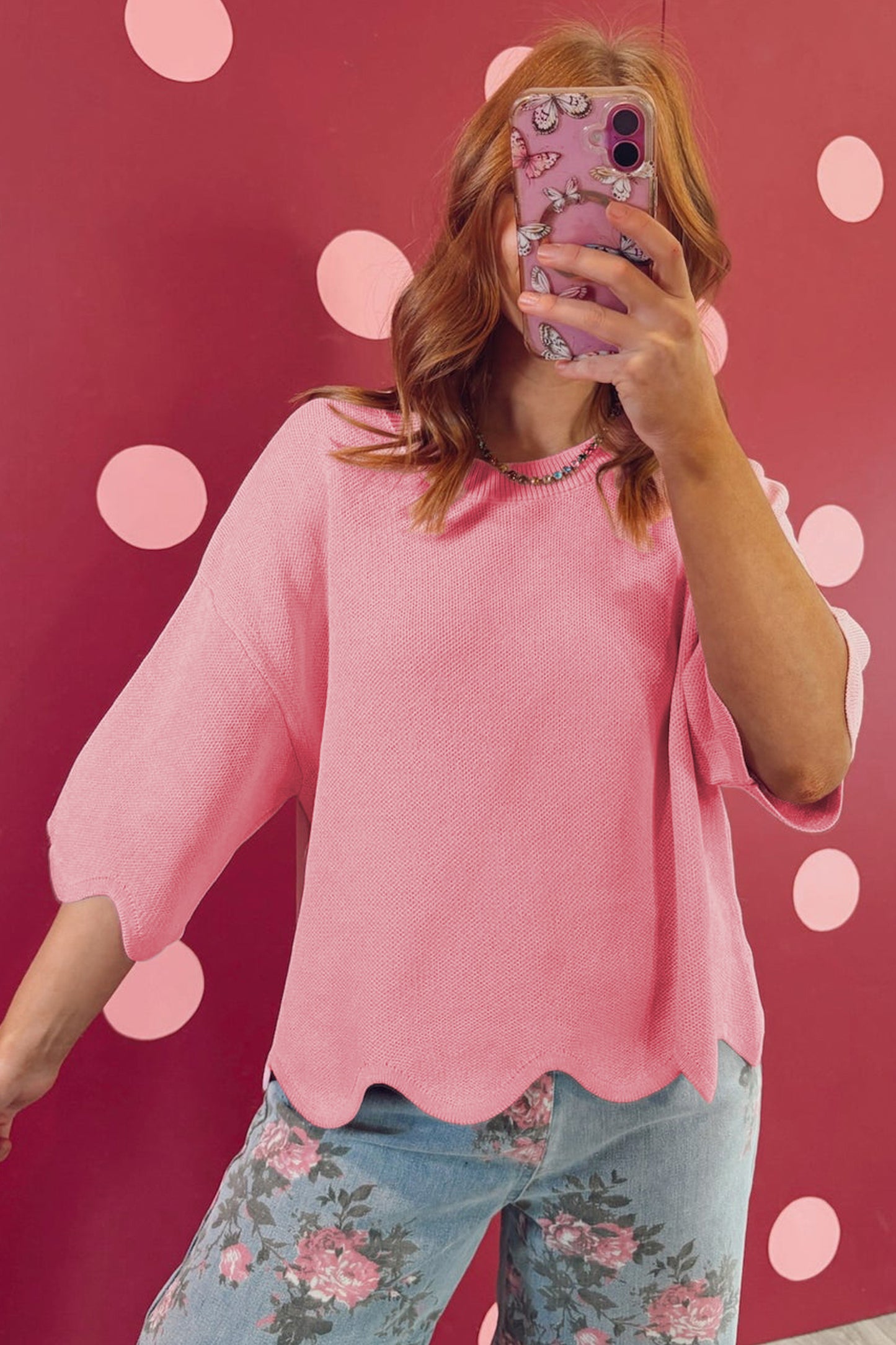 Scalloped 3/4 Sleeve Sweater Top
