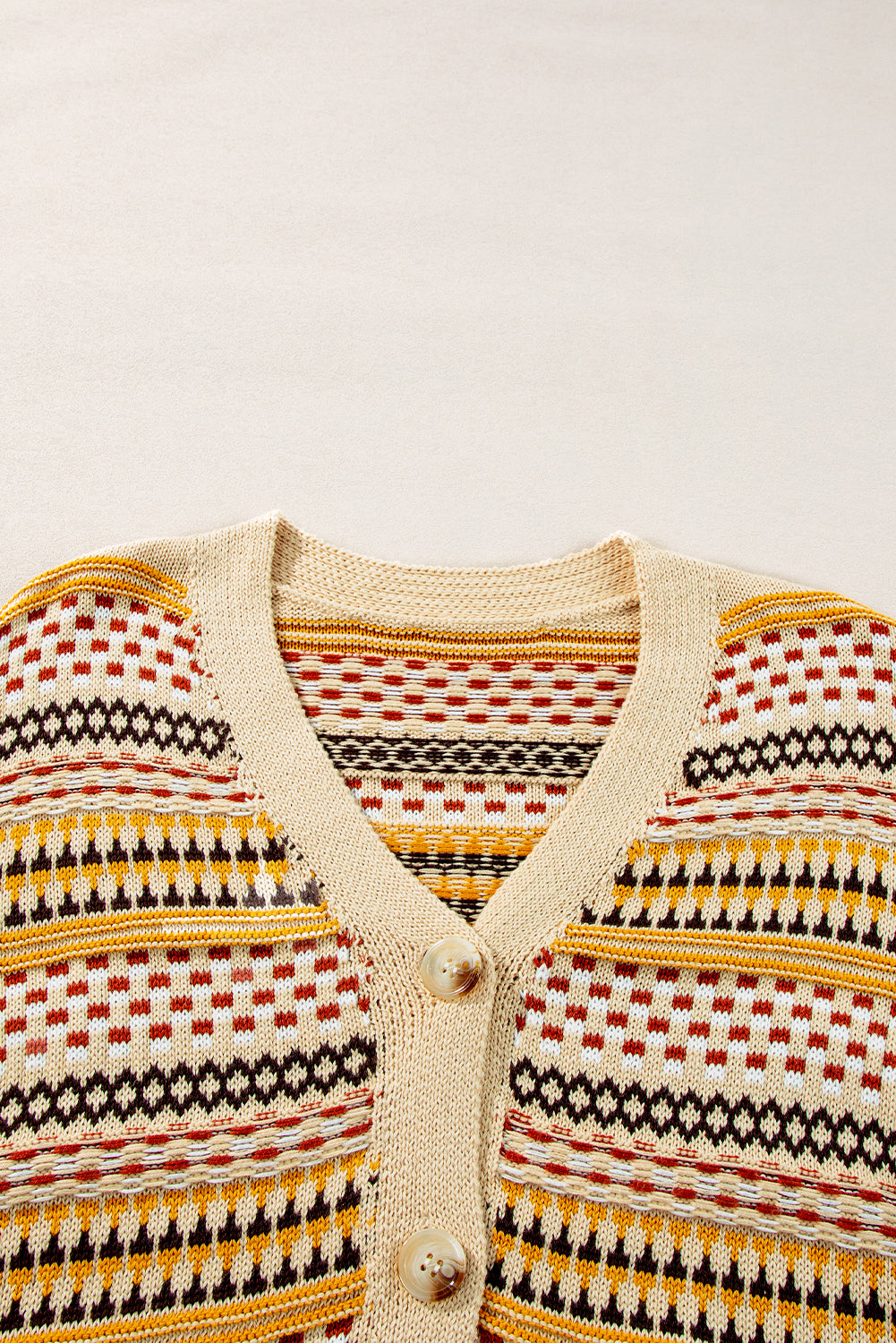 Geometric Pattern Button Front V Neck Cropped Cardigan