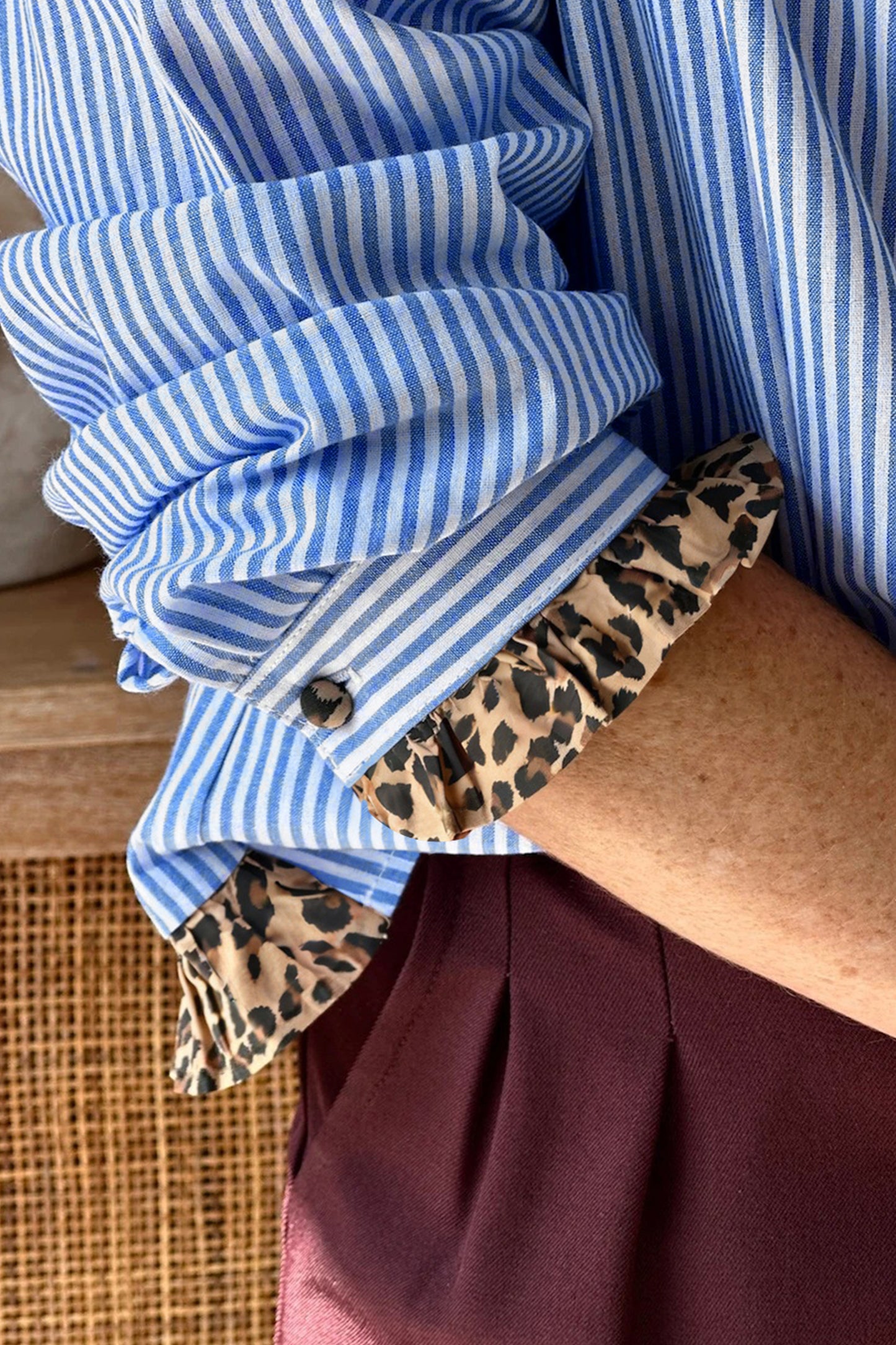 Blue Stripe Leopard Trim Shirt