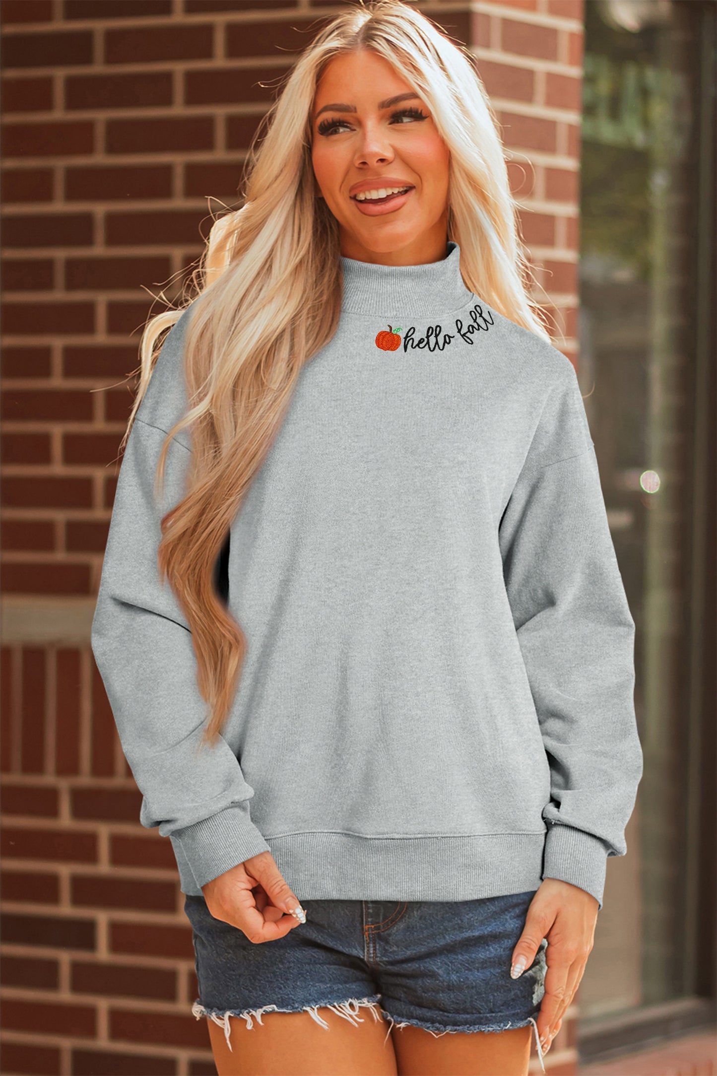 Gray hello fall Embroidered Sweatshirt
