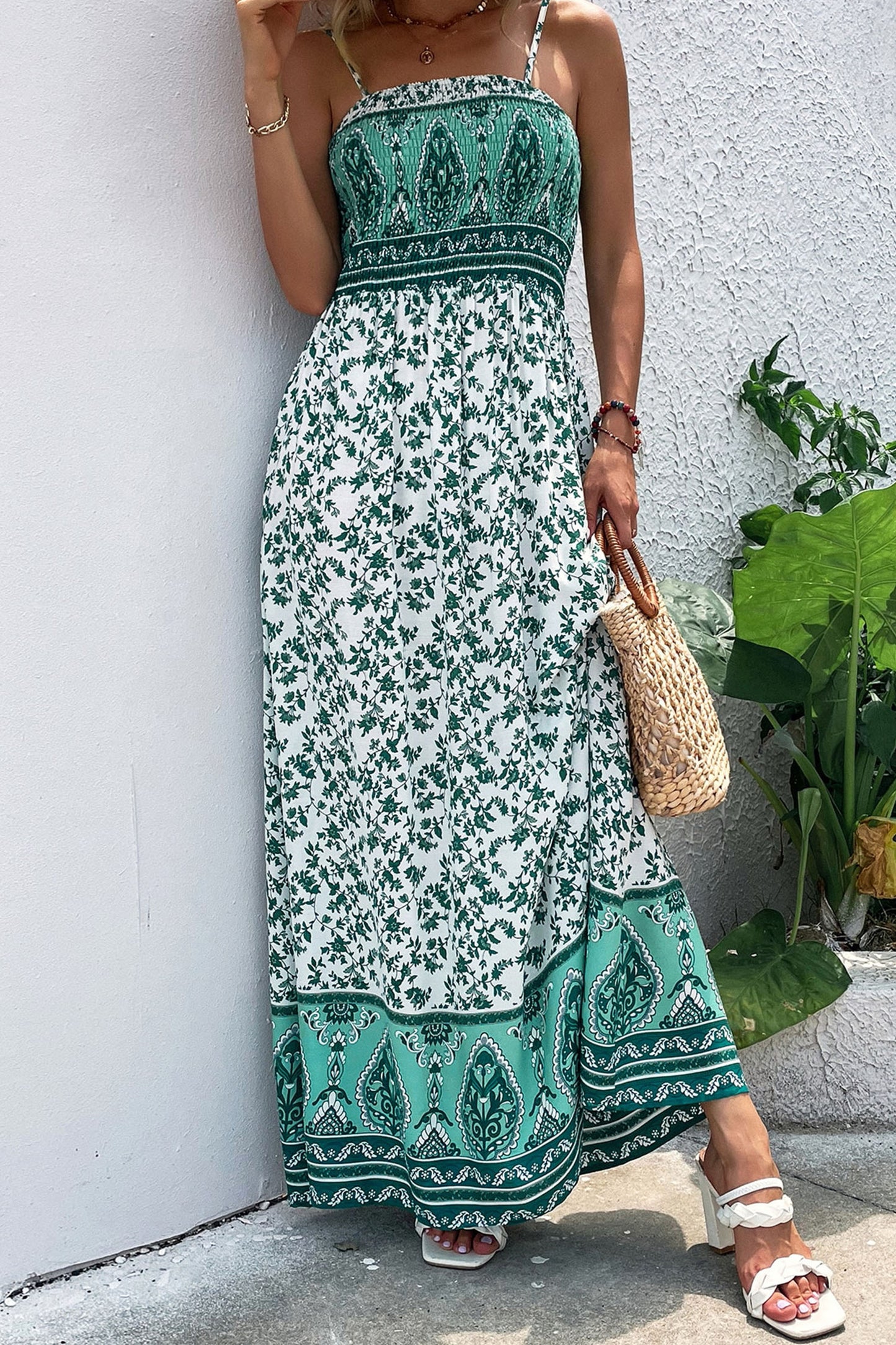 Green Boho Floral Maxi  Dress