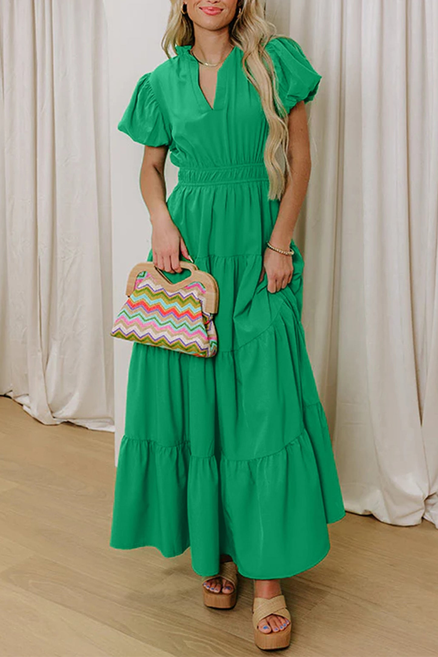 Solid Color V Neck Maxi Dress