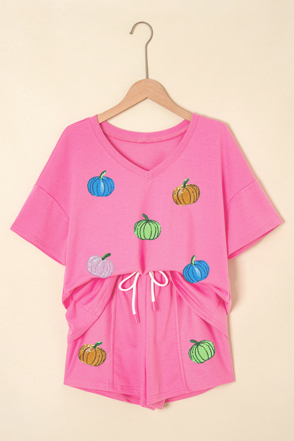 Sequin Halloween Pumpkin Drawstring Shorts Set