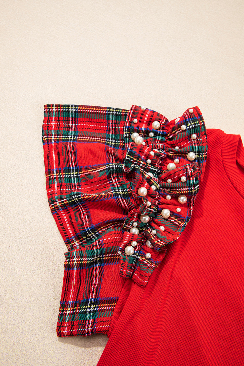 MERRY Pearled Plaid Ruffled Sleeve Tee