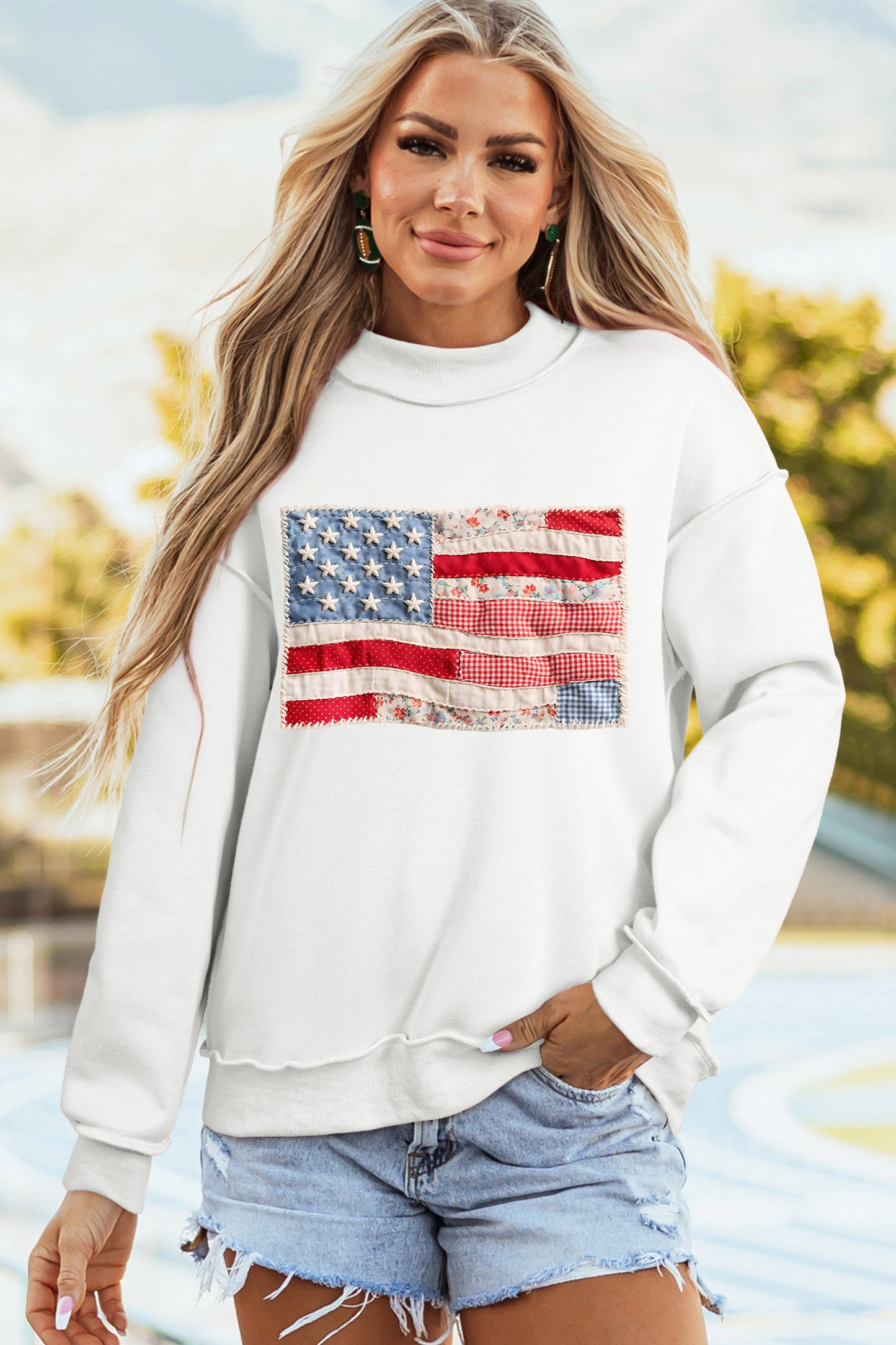 Reversible Patchwork Print USA Flag Sweatshirt