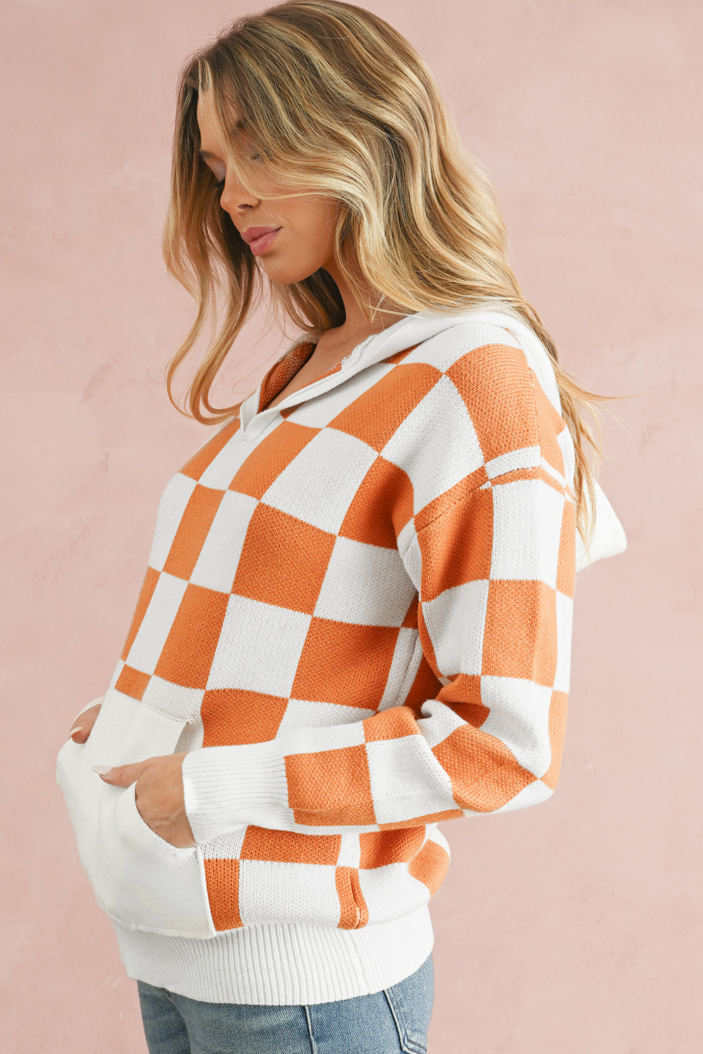 Orange Checkered Split Neck Pocket Hooded Sweater