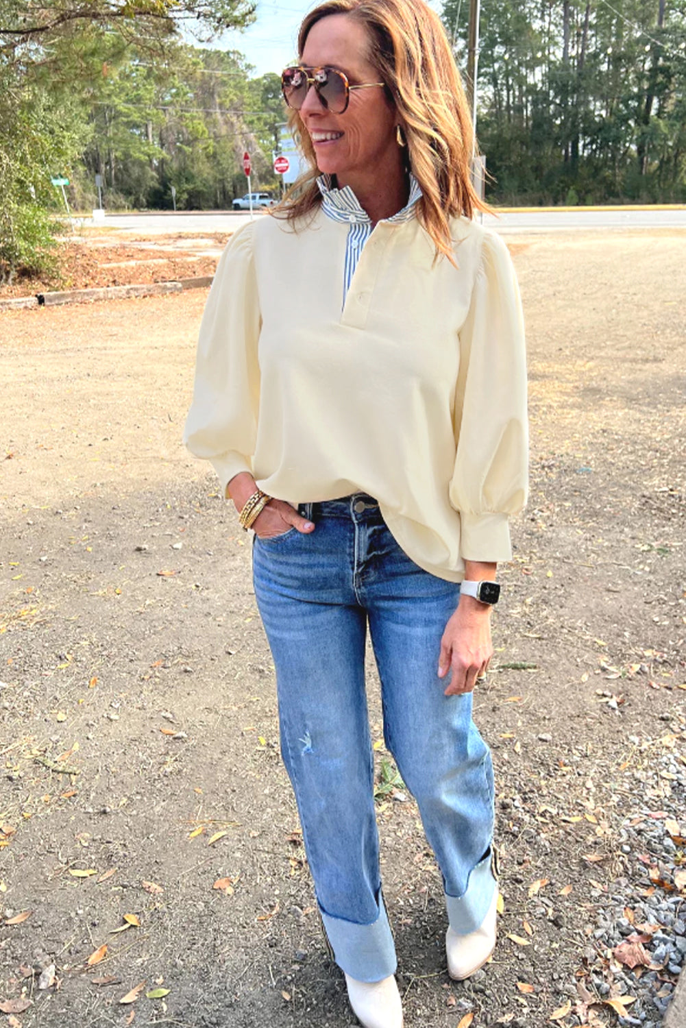 Striped Ruffle Button Neck Pullover