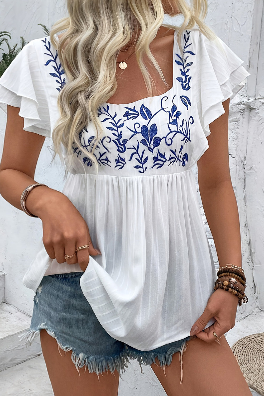 White Boho Embroidered Square Neck Blouse