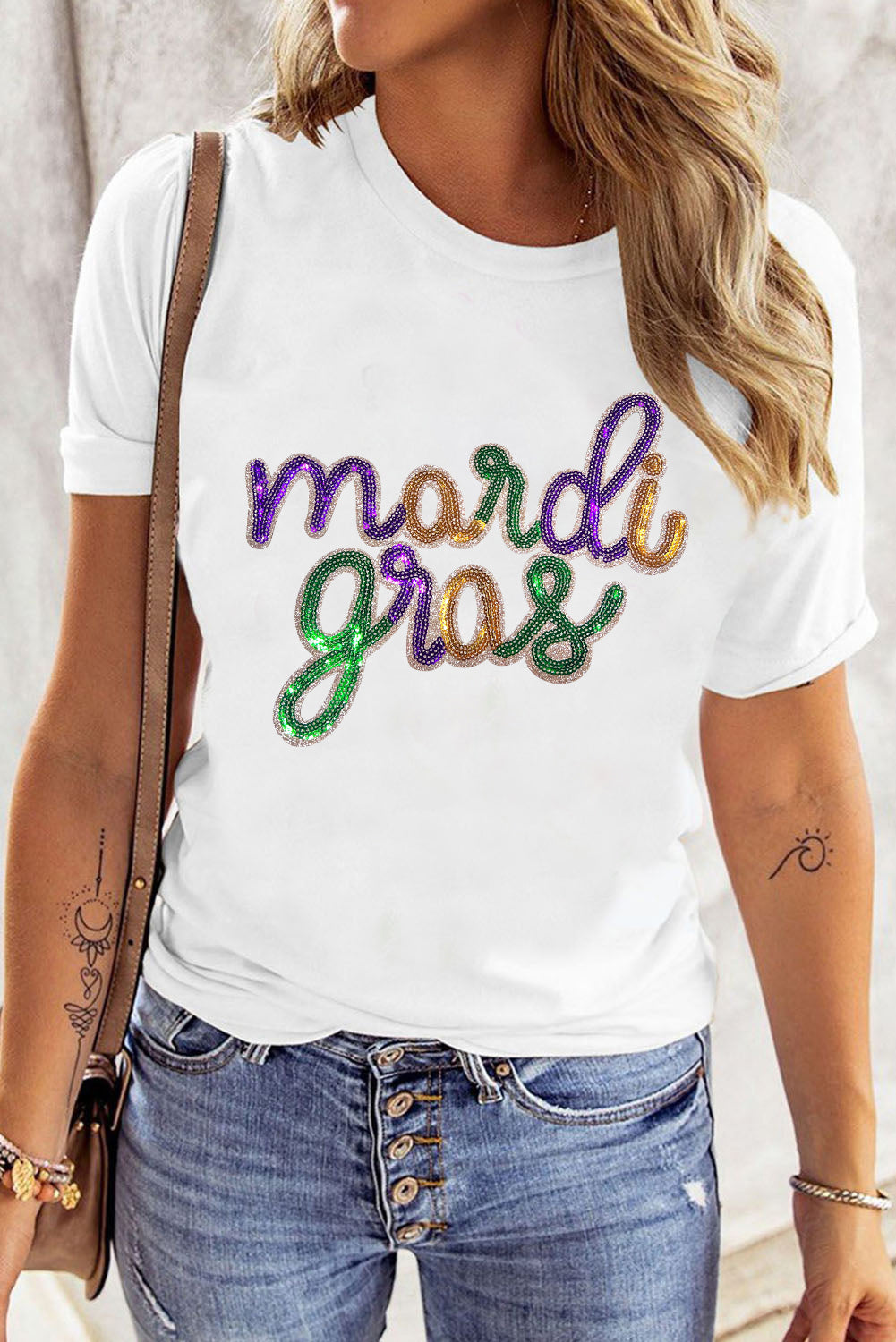 White Mardi Gras Sequin Casual Tee