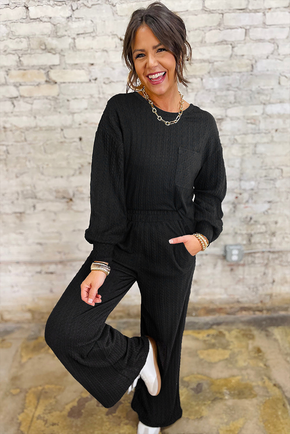 Black Textured Pants Set