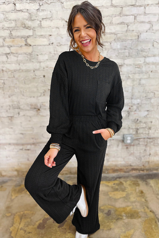 Black Textured Pants Set