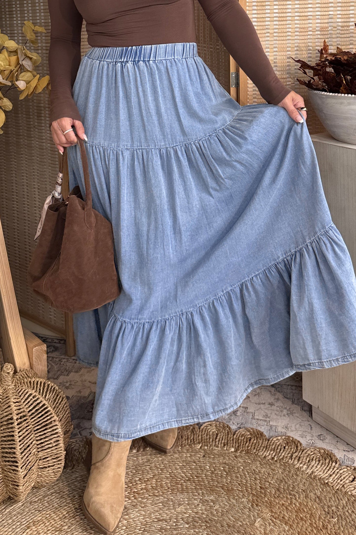 Tiered Flared Denim Maxi Skirt