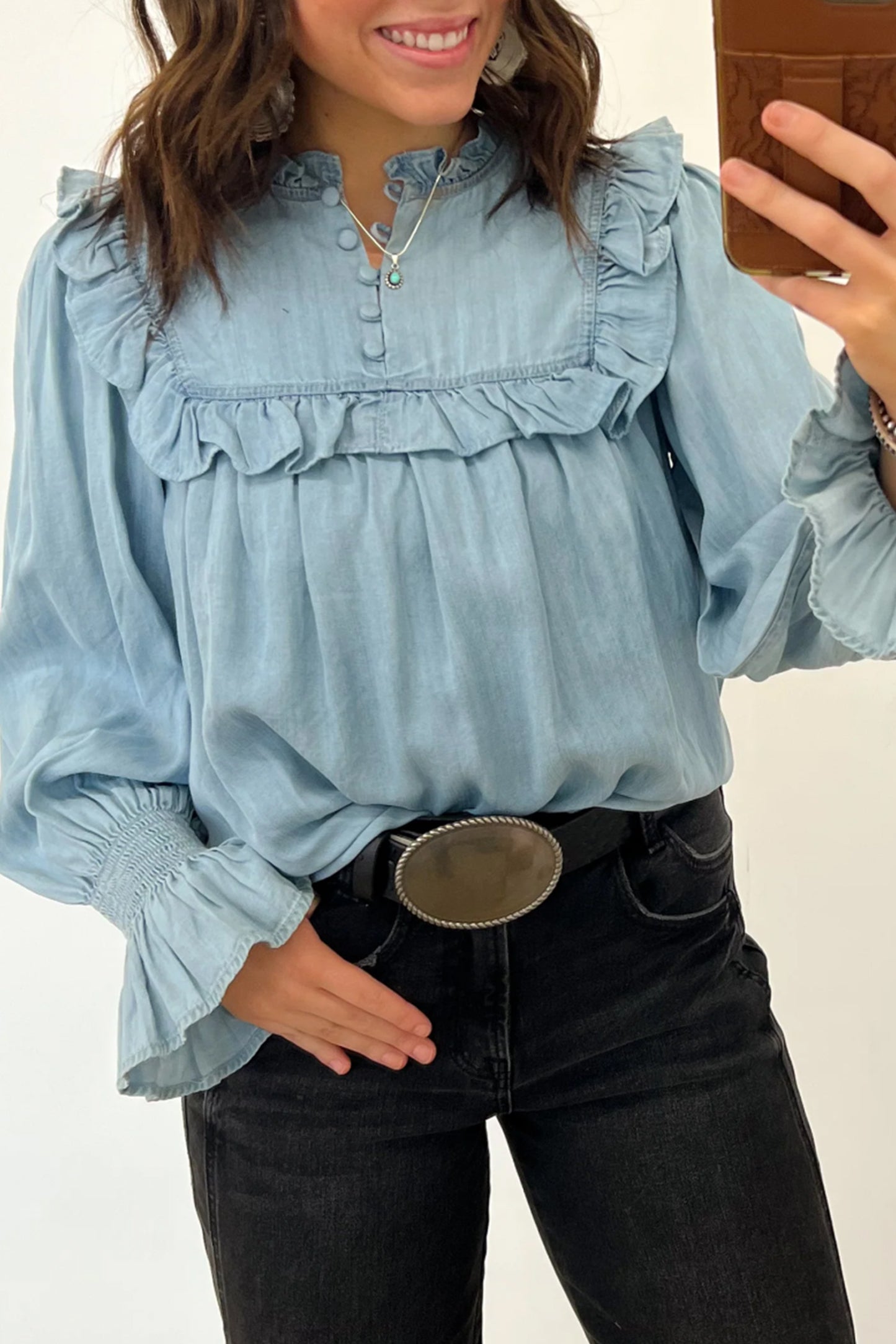 Western Ruffle Chambray Blouse