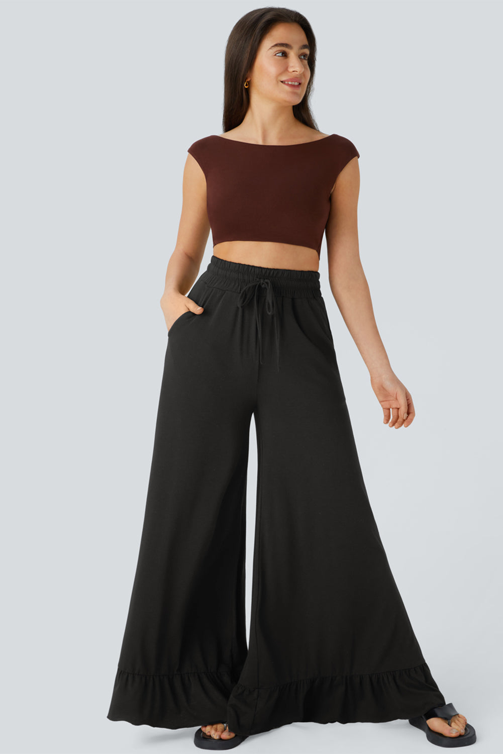 Black Ruffle Hem Wide Leg Pants
